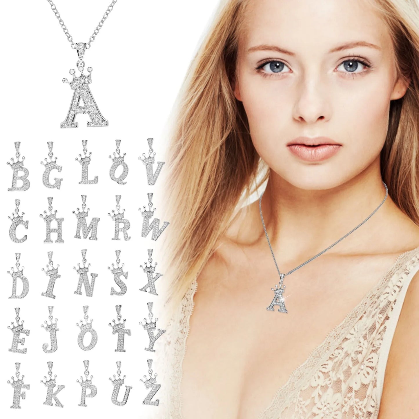 Luxury Stainless Steel Cubic Zirconia Name Crown Letter Pendant Necklace For Women Hip Hop Punk Girl Alphabet Fashion Jewelry - Uknowucme