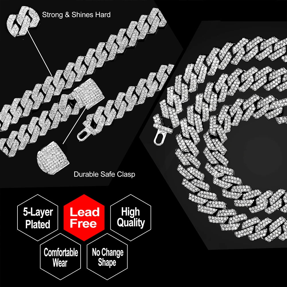 Hip Hop Bling Cuban Link Chain Necklace for Men Women Silver Color Rhinestone Iced Out Punk Jewelry Gift Wholesale Drop Shipping - Uknowucme