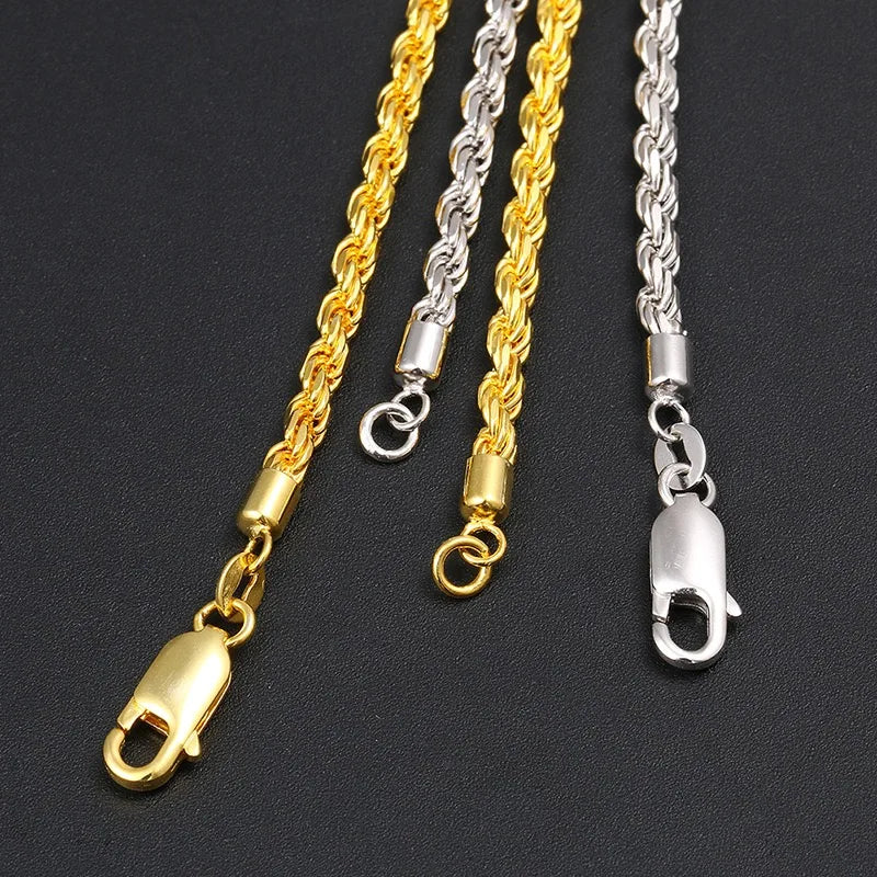 Hip Hop 3MM Twist Chain Necklace Bracelet 925 Sterling Silver Rope Link Chain Necklace 18k Gold Plated Fine Jewelry - Uknowucme
