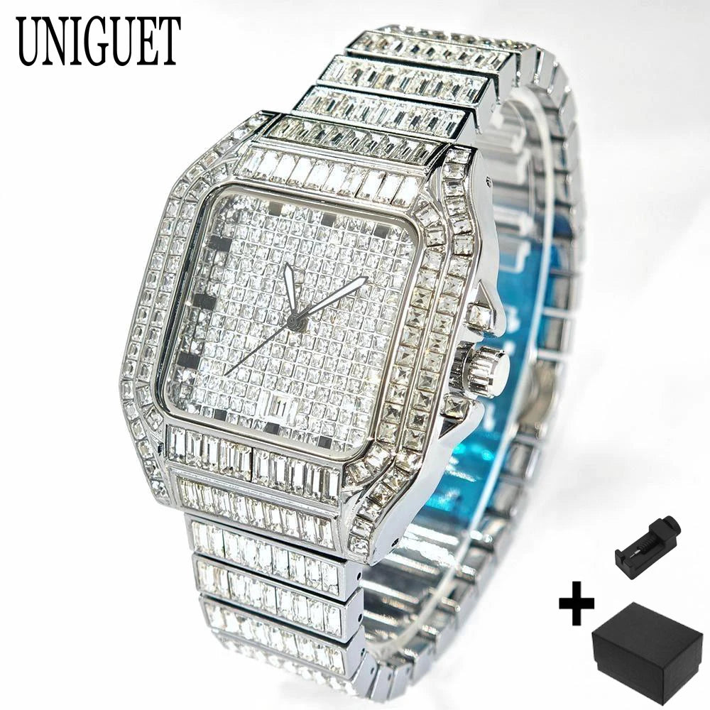 Hot Luxury Square Diamond Watch for Men Hip Hop Style Bling Bling Iced Out Wristwatch Fashion Stainless Steel Waterproof Clock - Uknowucme