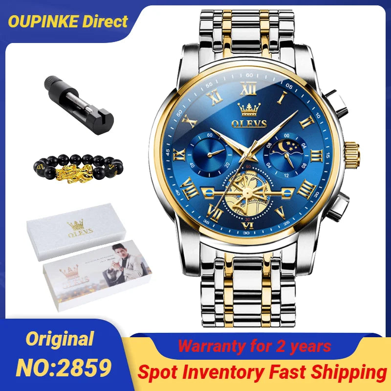OLEVS 2859 Moon Phase Men Watches Chronograph High End Watches Man Stainless Steel Waterproof Quartz Watch for Men Luxury Brand - Uknowucme