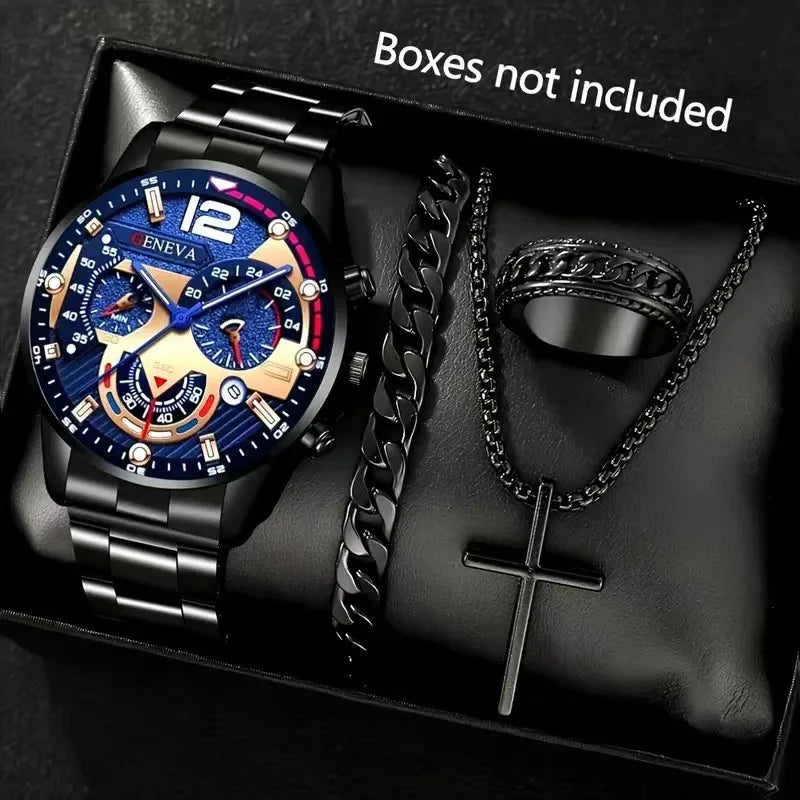 Fashion Roman Scale Quartz Wristwatch 4pcs Set Men Business Watch Fake Three Eyes Calendar Cross Necklace Bracelet Ring Set - Uknowucme