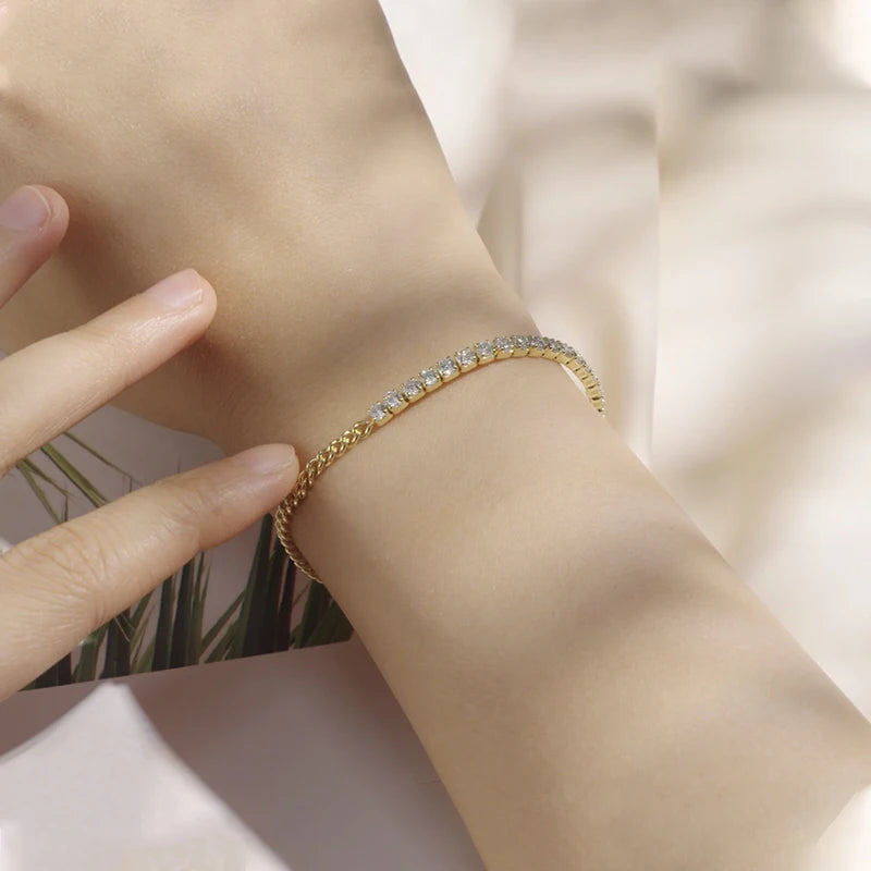 Anziw 100% Real 925 Silver Bracelet 3mm D Color Moissanite 18k Gold Plated Half Tennis Cuban Bracelet for Women Original Jewelry - Uknowucme