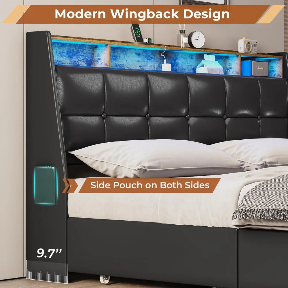King Size Bed Frame w 4 Storage Drawers,Charging Station and LED Lights,Upholstered Bed Frame w Button Tufted Wingback Headboard - Uknowucme