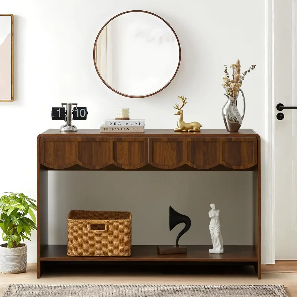 Console Table with Drawers, Mid-Century 43 Inches Narrow Entryway Tables with Open Storage Shelves, Hallway Accent Tables