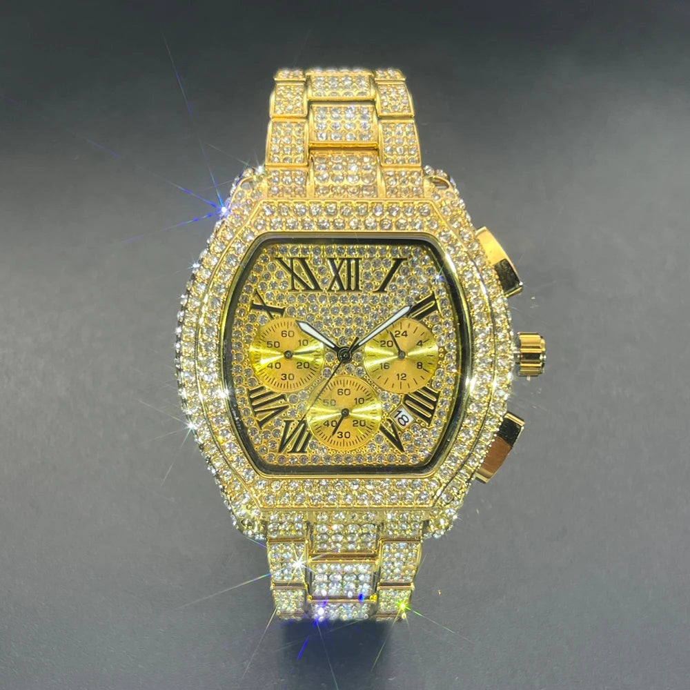 Luxury Men Watch Personalized Bling Diamond Quartz Timepiece Fashion Ice Out Tonneau Big Face Male Chronograph Wristwatch Gift - Uknowucme