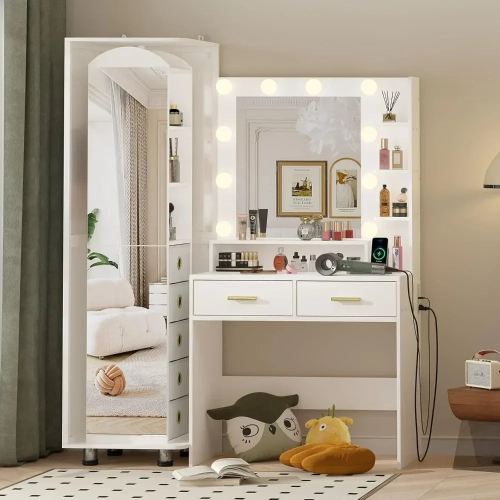 Vanity, 360° Swivel Cabinet with Full-Length Mirror, Jewelry Storage Shelf & Bulletin Board, Vanity Table with Charging Station - Uknowucme