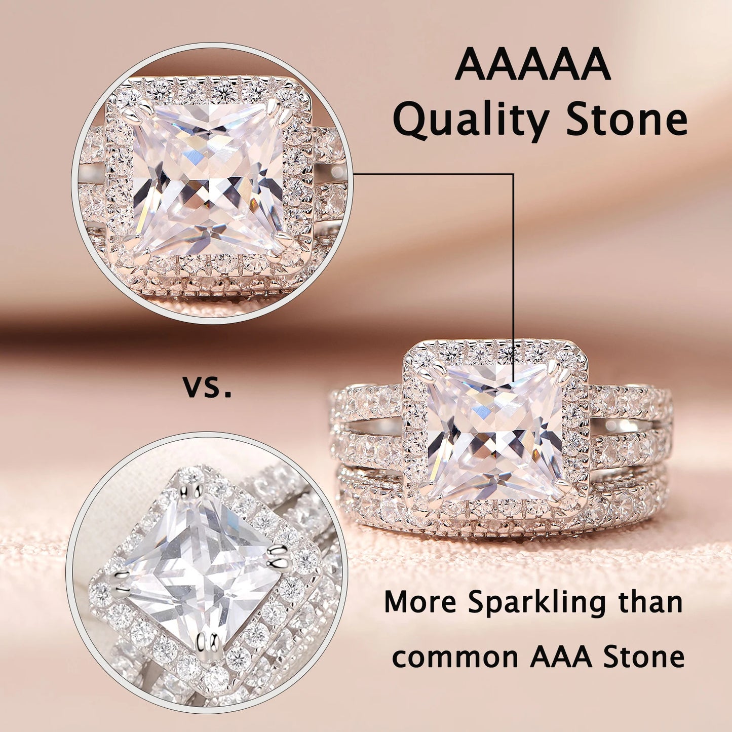 Newshe Vintage Wedding Rings for Women Solid 925 Sterling Silver 4Ct Princess Cut 5A Cubic Zircon 2Pcs Bridal Set Fine Jewelry - Uknowucme