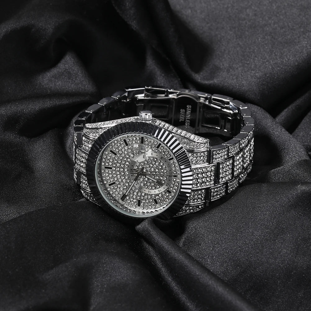 THE BLING KING Men's Watch Iced Out Quartz Clock Luxury Top Quality Rhinestone Automatic Date Business Waterproof Wrist Watches - Uknowucme