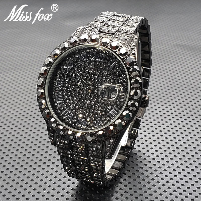 Stylish Black Crytal Watch For Men Unique Full Paved Diamond Quartz Timepiece Top Brand Fashion Bling Ice Out Male Hip Hop Clock - Uknowucme