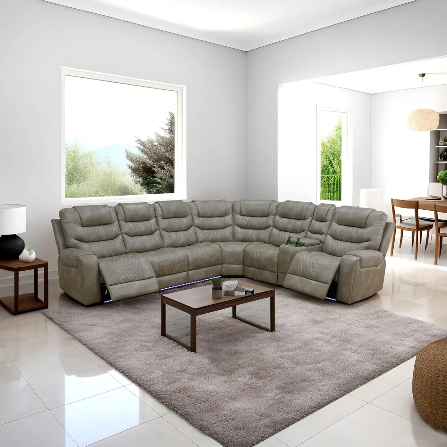 Power Recliner Sectional Sofa with LED Light, Breathing Leather Power Reclining Sofa, Sectional Reclining sofas with USB Port - Uknowucme