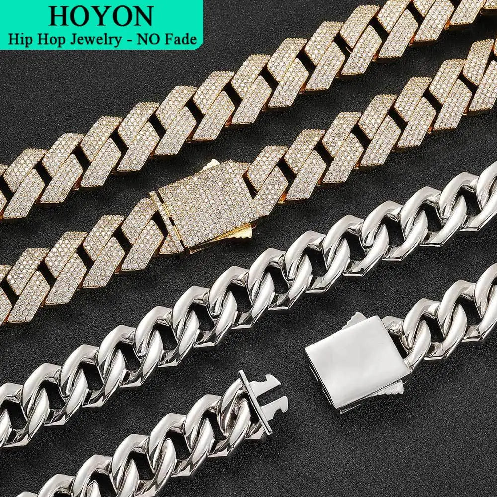 HOYON Moissanite Cuban Chain Men's Necklace S925 Silver Color Jewelry Hip Hop Rock Luxury Zircon Diamond Neck Collares 16-24in - Uknowucme