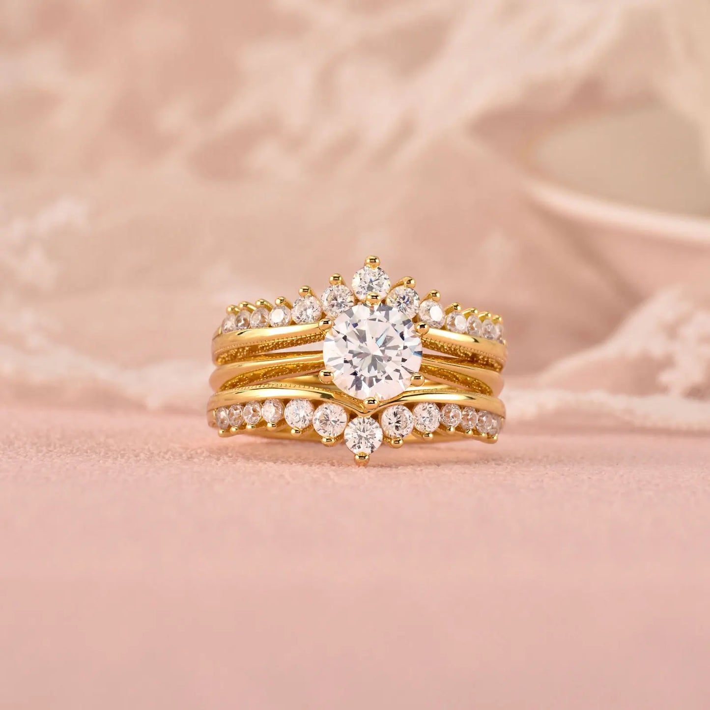 Newshe 14k Yellow Gold Bridal Ring Set for Women 2Ct Round Cut AAAAA Cubic Zircon Wedding Engagement Anniversary Band BR1167_Y - Uknowucme