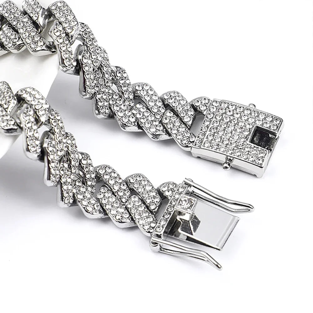 Hip Hop Shiny 15MM Cuban Link Chain Necklace Women Men Silver Color Rhinestone Iced Out Cuban Chain Punk Jewelry Necklace Gift - Uknowucme