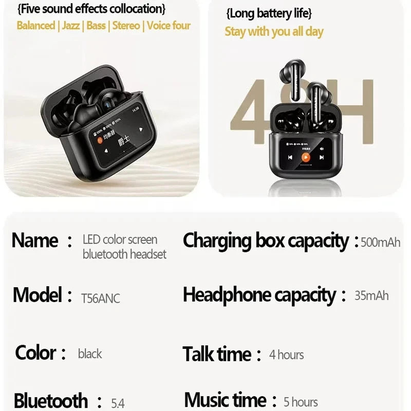 AWEI T56 ANC Wireless Bluetooth V 5.4 Earphones Noise Reduction Headphones Full-Color LED Touchscreen TWS Sport Headest With Mic - Uknowucme