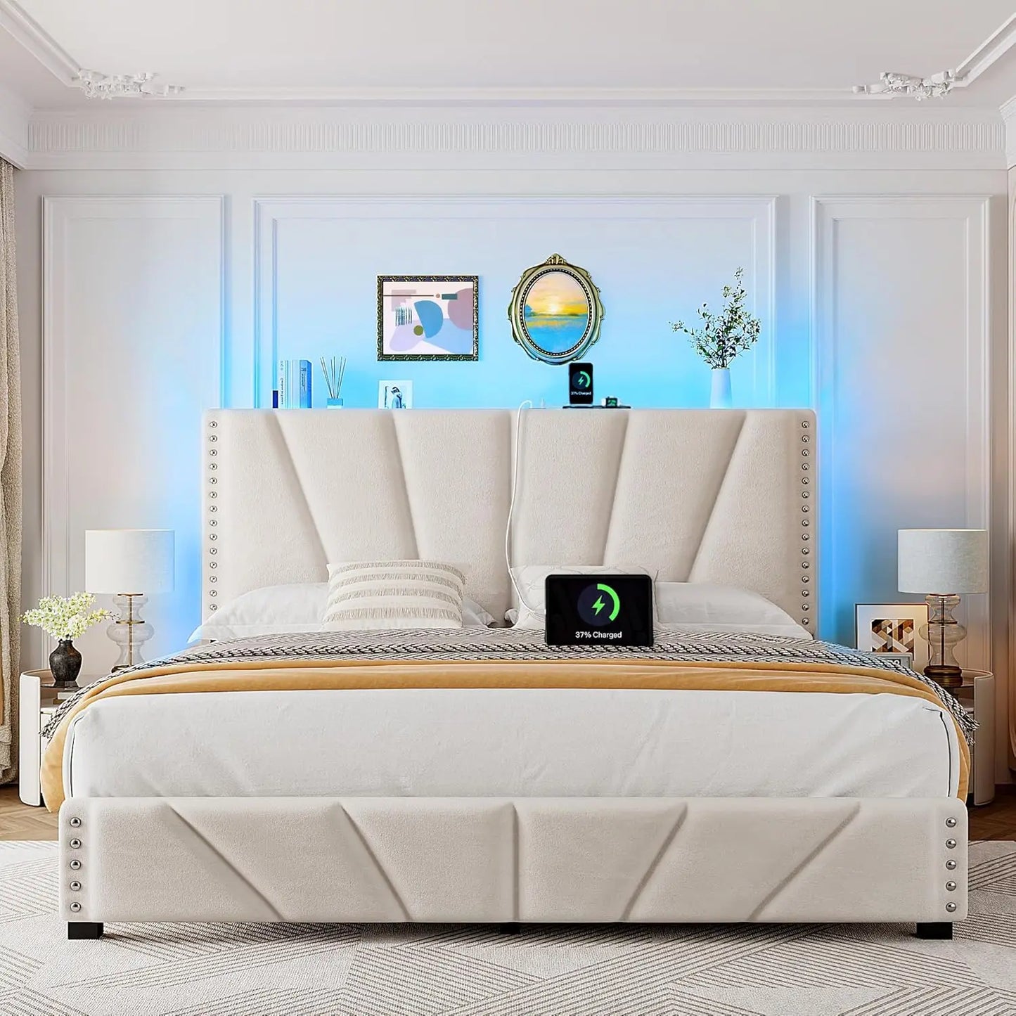 King Size Bed Frame with Velvet Headboard and LED Lights, Storage Headboard Platform Bed with Charging Station - Uknowucme