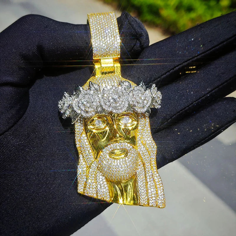 Hip Hop 5A+ CZ Stone Paved Bling Ice Out Rose Flower JESUS PIECE Pendants Necklaces for Men Rapper Jewelry Gold Silver Color - Uknowucme