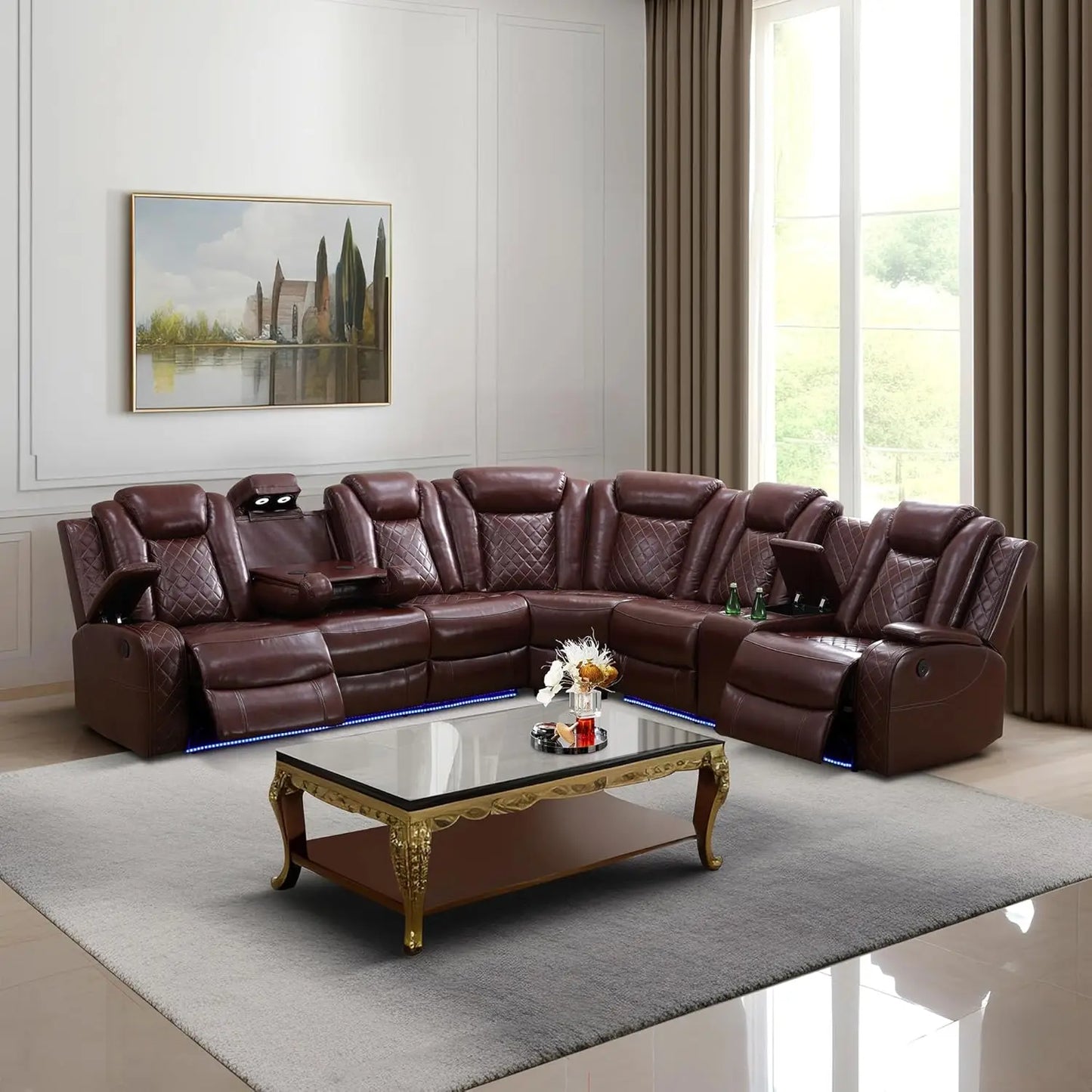 Power Recliner Sectional Sofa with LED Light, Breathing Leather Power Reclining Sofa, Sectional Reclining sofas with USB Port - Uknowucme
