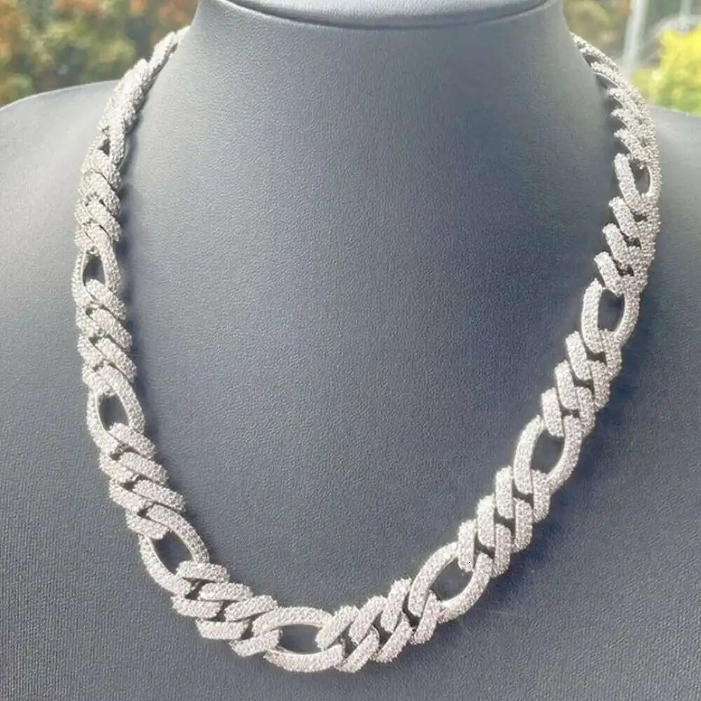 Hip Hop Jewelry Iced Out Prong Setting 13mm Silver Vvs Moissanite Cuban Figaro Link Chain - Uknowucme