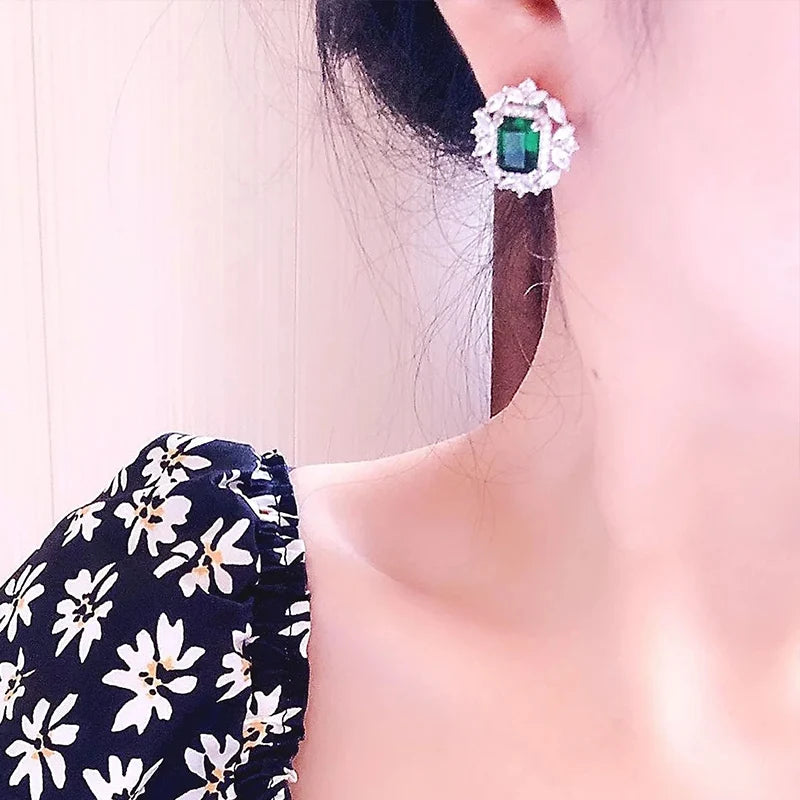 Huitan Luxury Lady Delicate Ear Stud Bright Green Zirconia Earrings Accessories for Anniversary Party Delicate Design Jewelry - Uknowucme