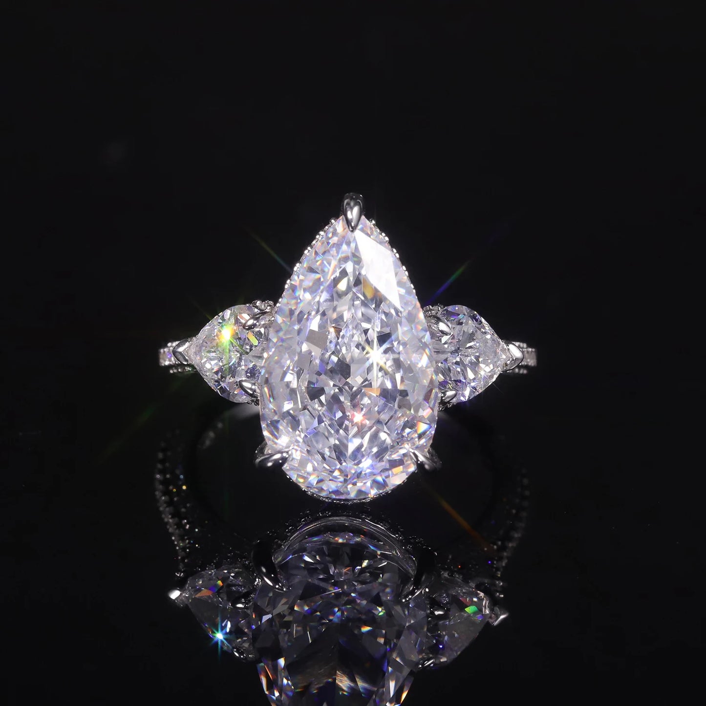GEM'S BALLET Pear Shape Diamond-fire CZ- White Cluster Handmade Rings 925 Sterling Silver Three Stone Engagement Ring - Uknowucme