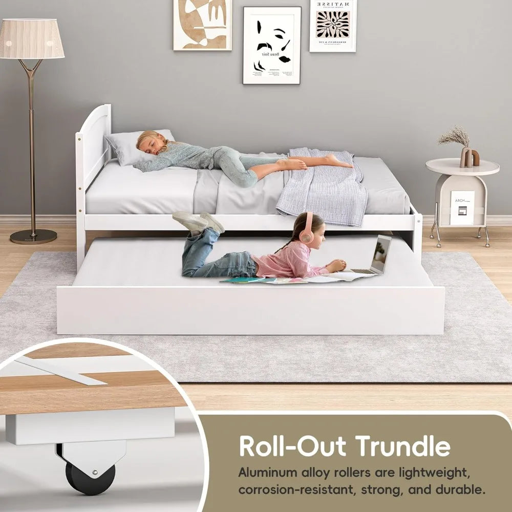 Twin Trundle Bed, Solid Wooden Pull Out Bedframe, Extendable Day Bed with Headboard and Soild Wood Slats Support, Bedroom