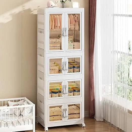 kids wardrobe closet, 4tiers portable foldable children’s clothes organizer with wheels cabinet toddler dresser storage organize