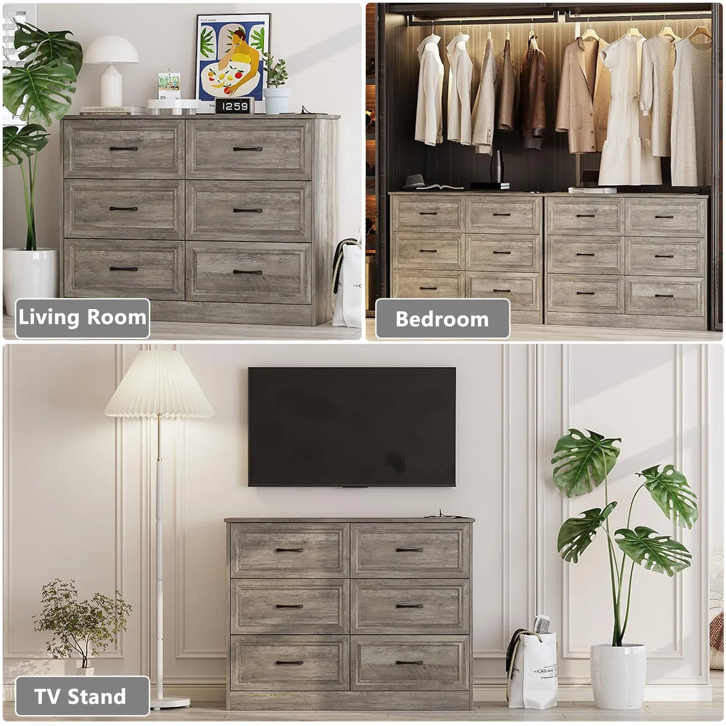 Vabches 6 Drawer Dresser for Bedroom Wood Chest of Drawers with Power Strip Tall Dresser Organizer with Metal Handle for Hallway - Uknowucme