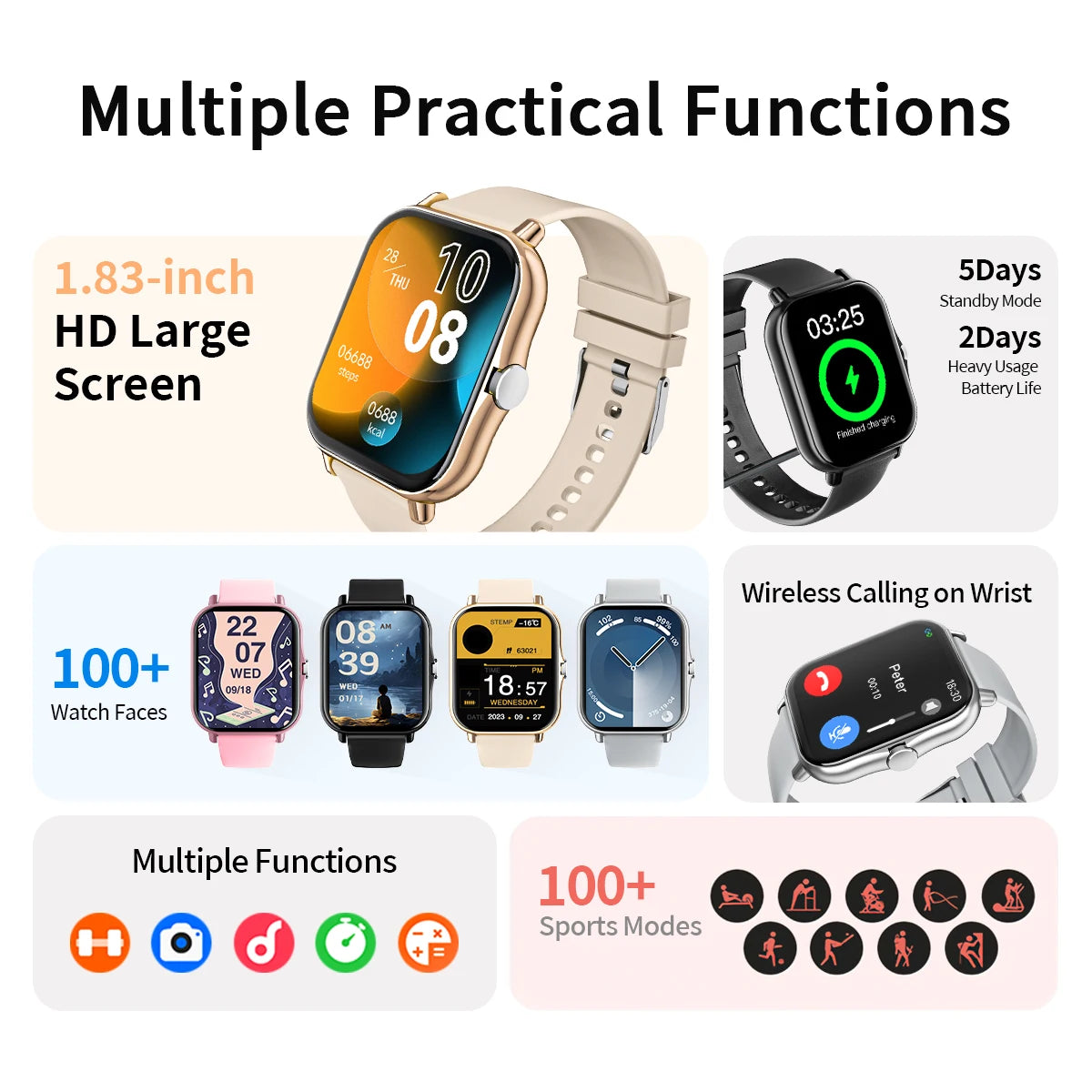 New Smartwatch 1.83'' HD Screen BT Call Health&Sleep Monitoring Kids Smart Watch Waterproof Fashoin Sport Bracelet For Women Men