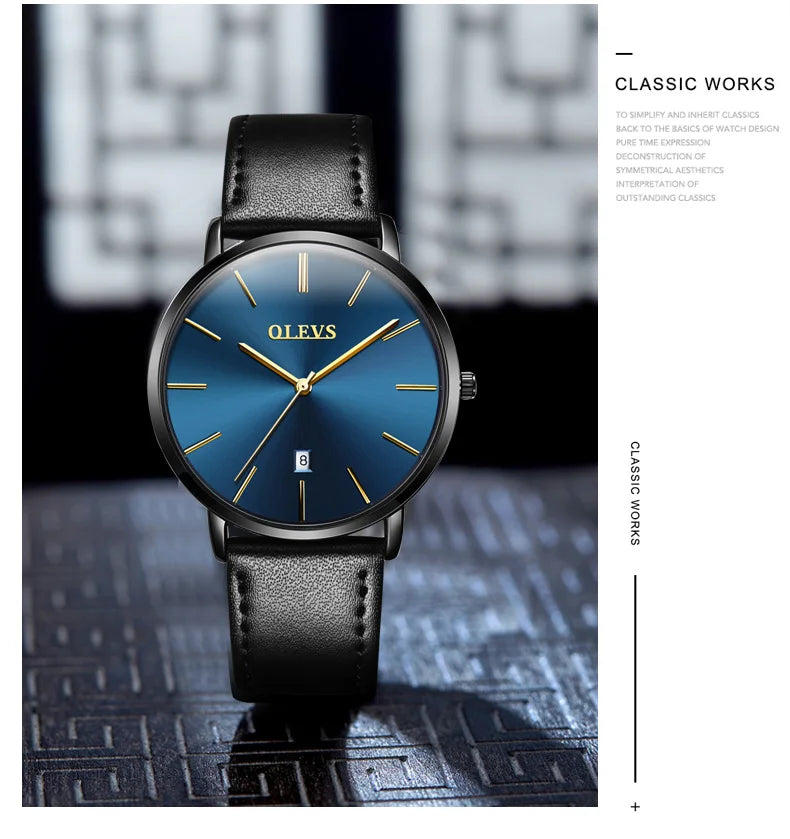 New In OLEVS Quartz Watch for Men Ultra Thin 6.5mm Minimalist Waterproof Date Bussiness Watch Fashion Leather Strap Men's Watch - Uknowucme