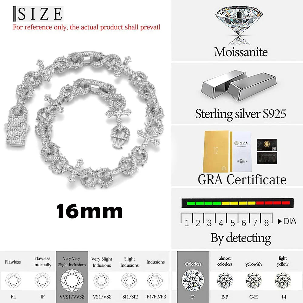 925 Sterling Silver VVS Diamond Miami Cuban Link Chain Pass Test Certified Moissanite Hip Hop Cross Link Infinity Necklace - Uknowucme