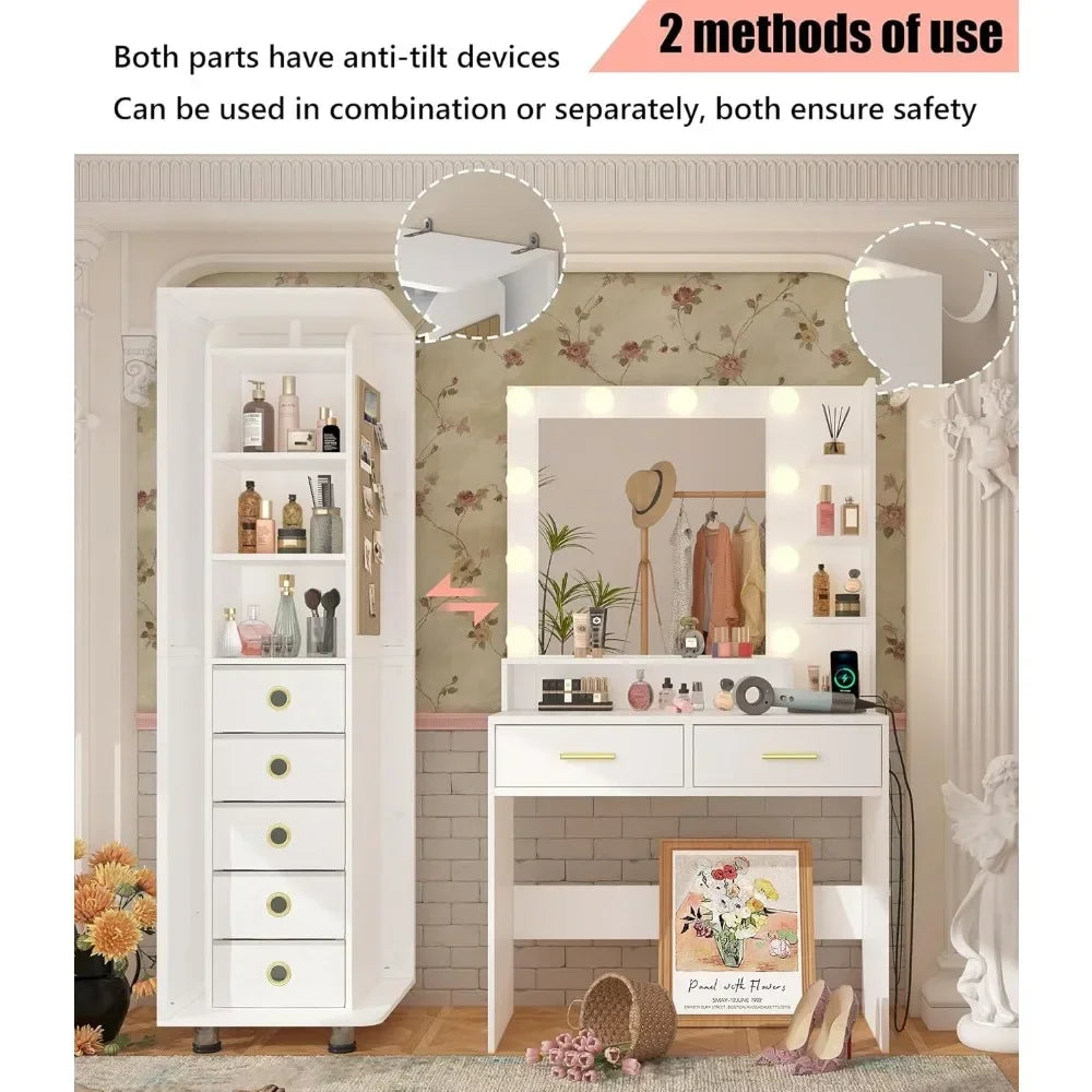 Vanity, 360° Swivel Cabinet with Full-Length Mirror, Jewelry Storage Shelf & Bulletin Board, Vanity Table with Charging Station - Uknowucme