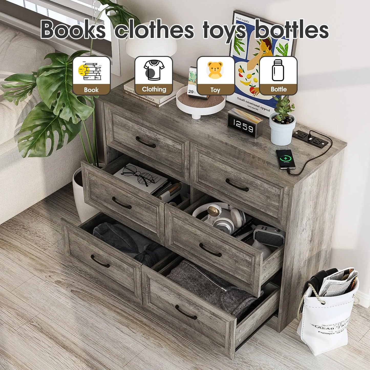 Vabches 6 Drawer Dresser for Bedroom Wood Chest of Drawers with Power Strip Tall Dresser Organizer with Metal Handle for Hallway - Uknowucme