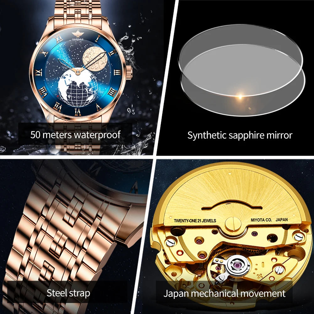 OUPINKE 3230 Men's Watches Flywheel Automatic Mechanical Original Wristwatch for Man Waterproof Luminous Perpetual Moon Phase - Uknowucme