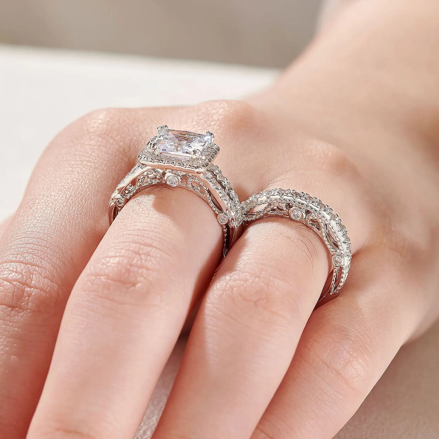 Newshe Vintage Wedding Rings for Women Solid 925 Sterling Silver 4Ct Princess Cut 5A Cubic Zircon 2Pcs Bridal Set Fine Jewelry - Uknowucme