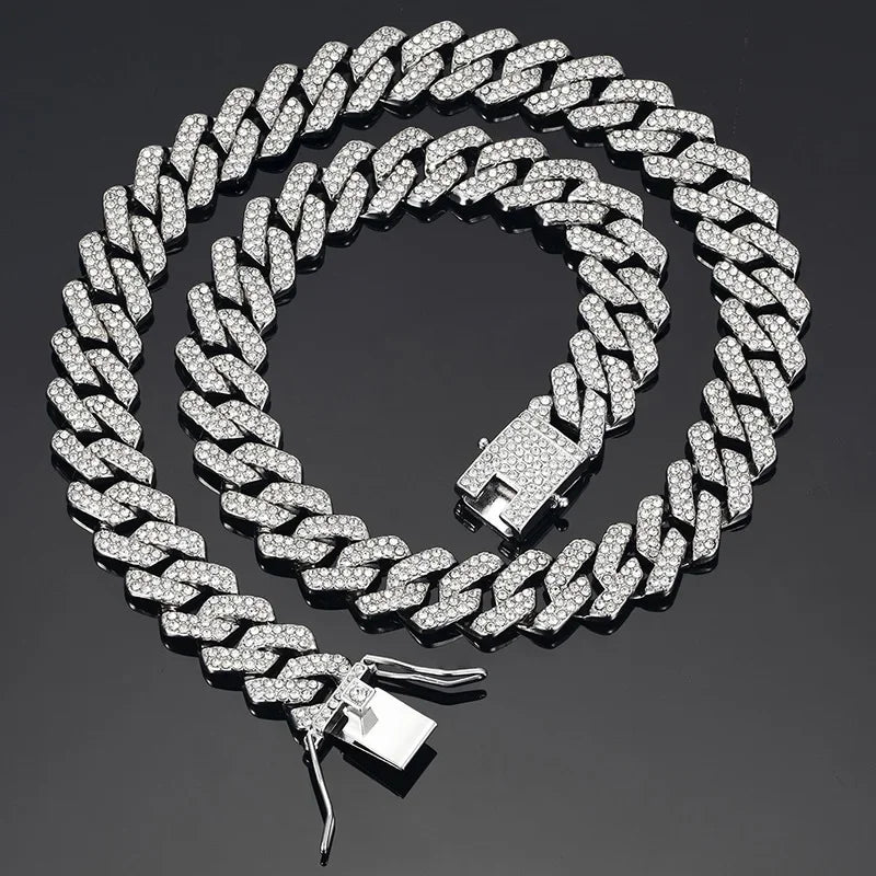 Hip Hop Shiny 15MM Cuban Link Chain Necklace Women Men Silver Color Rhinestone Iced Out Cuban Chain Punk Jewelry Necklace Gift - Uknowucme