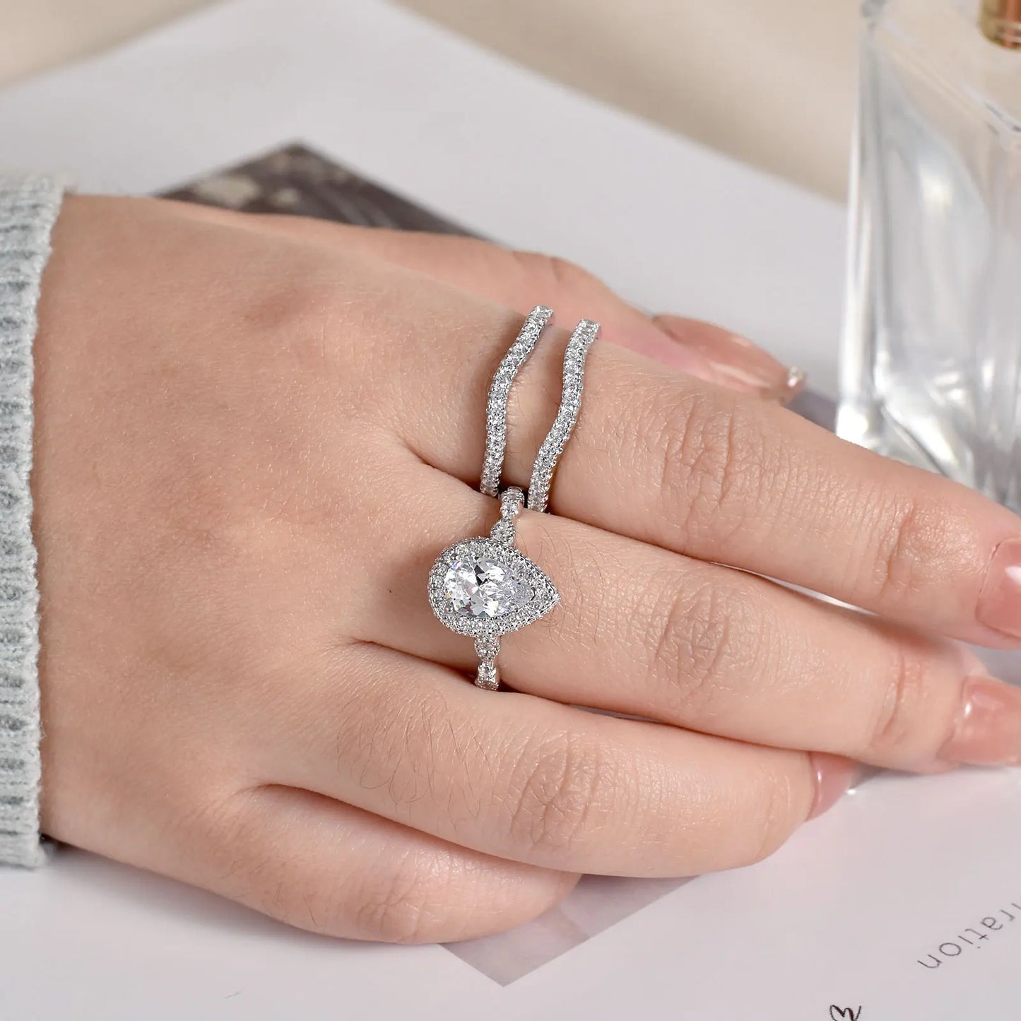 Newshe 2 Pieces 925 Sterling Silver Engagement Ring Enhancer Wedding Band for Women Pear Cut AAAAA Zircon Jewelry Size 4-13 - Uknowucme