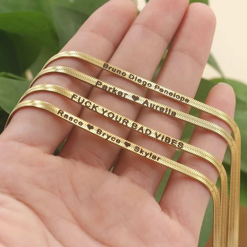Italian Snake Chain Custom Engraved Name Necklace Herringbone Chain Letter Necklace Women Personalized Stainless Steel Jewelry - Uknowucme