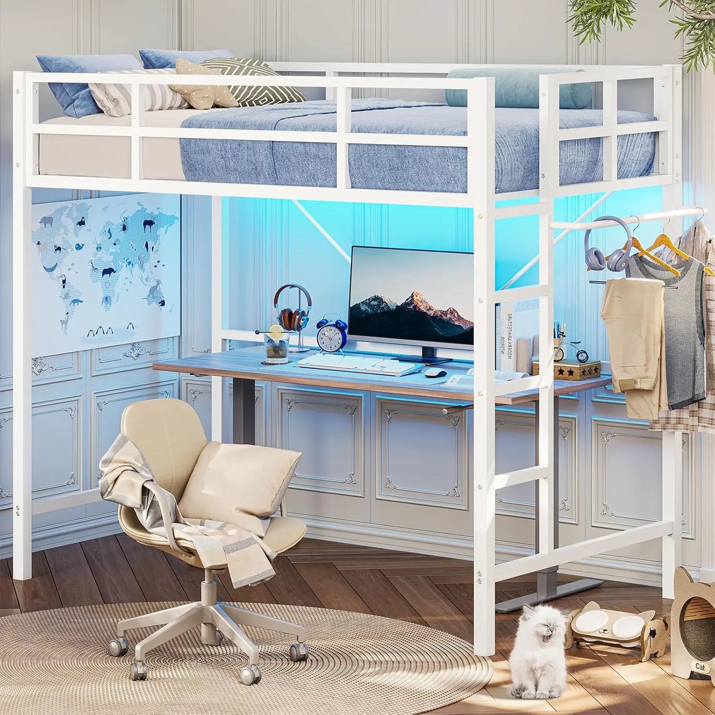 Twin Loft Bed with LED Lights, Metal Loft Bed Twin Size with Full-Length Guardrail Clothes Rack, Heavy Duty Metal Loft Bed Frame - Uknowucme