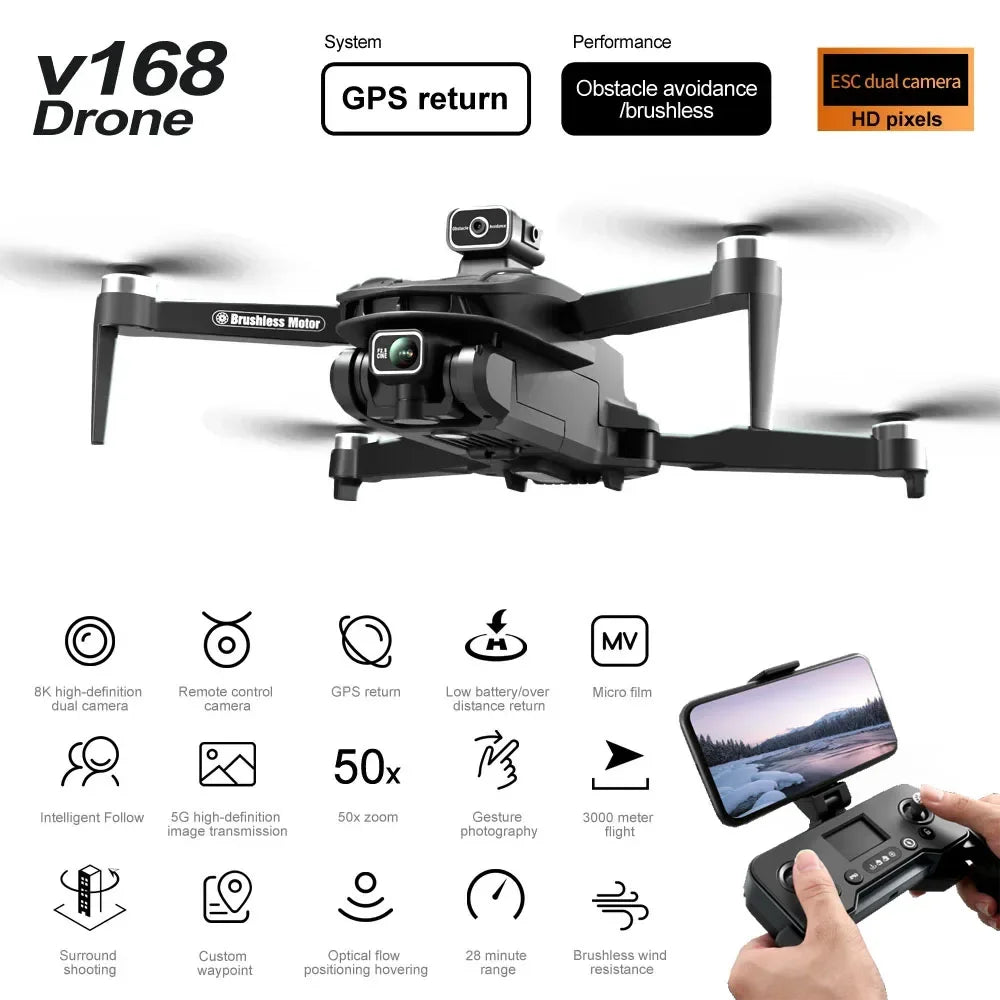 V168 MAX GPSDrone 8K Automatic Return HD Camera 5G WIFI FPV Brushless RC Quadcopter Obstacle Avoidance - Uknowucme