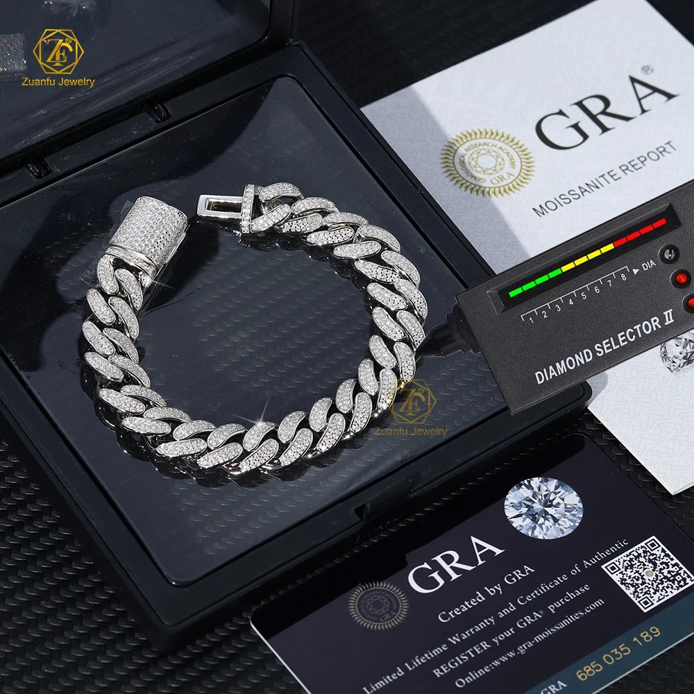 925 Sterling Silver Miami Cuban Moissanite Link Chain Hip Hop Shinning Jewelry Moissanite 8mm 10mm 12mm Cuban Link Bracelet - Uknowucme