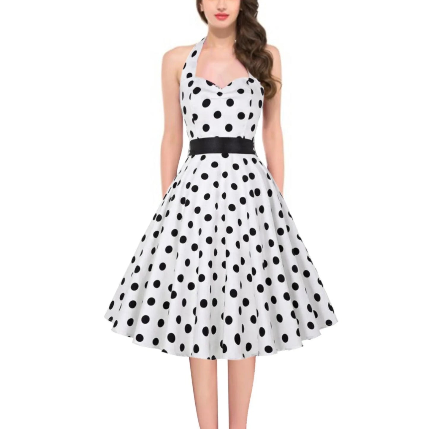 Vintage Polka Dot A-Line Dress Summer Women Sexy Halter Backless Low Cut Party Dress 50s 60s Retro Pin Up Rockabilly Swing Dress - Uknowucme