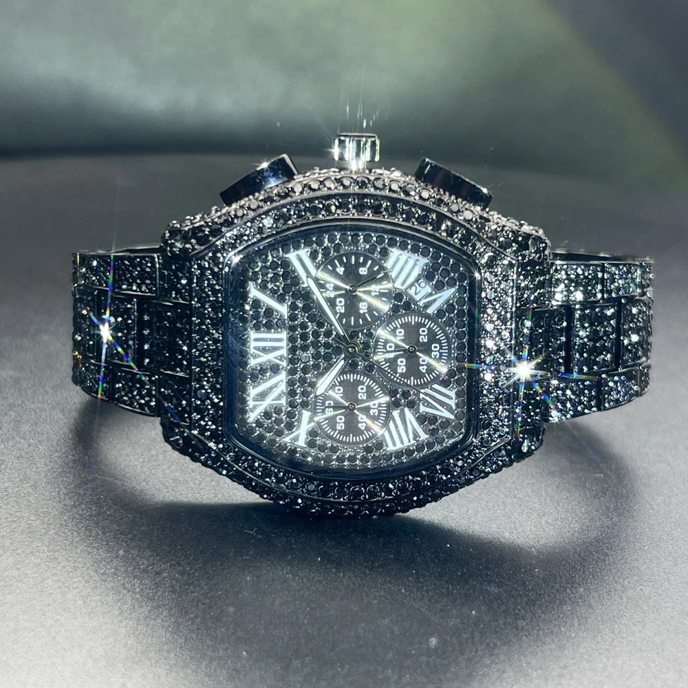 Luxury Men Watch Personalized Bling Diamond Quartz Timepiece Fashion Ice Out Tonneau Big Face Male Chronograph Wristwatch Gift - Uknowucme
