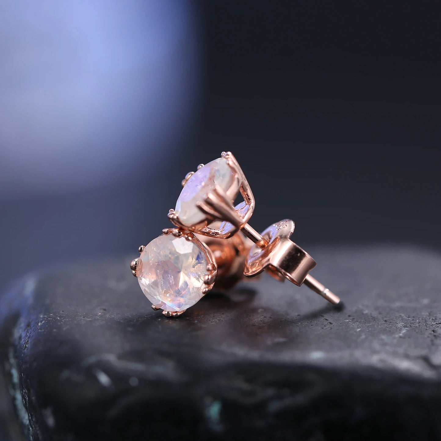 GEM'S BALLET June Birthstone 6mm Milky Blue Moonstone Classic Studs Earrings in 925 Sterling Silver Women Rose Gold Earrings - Uknowucme