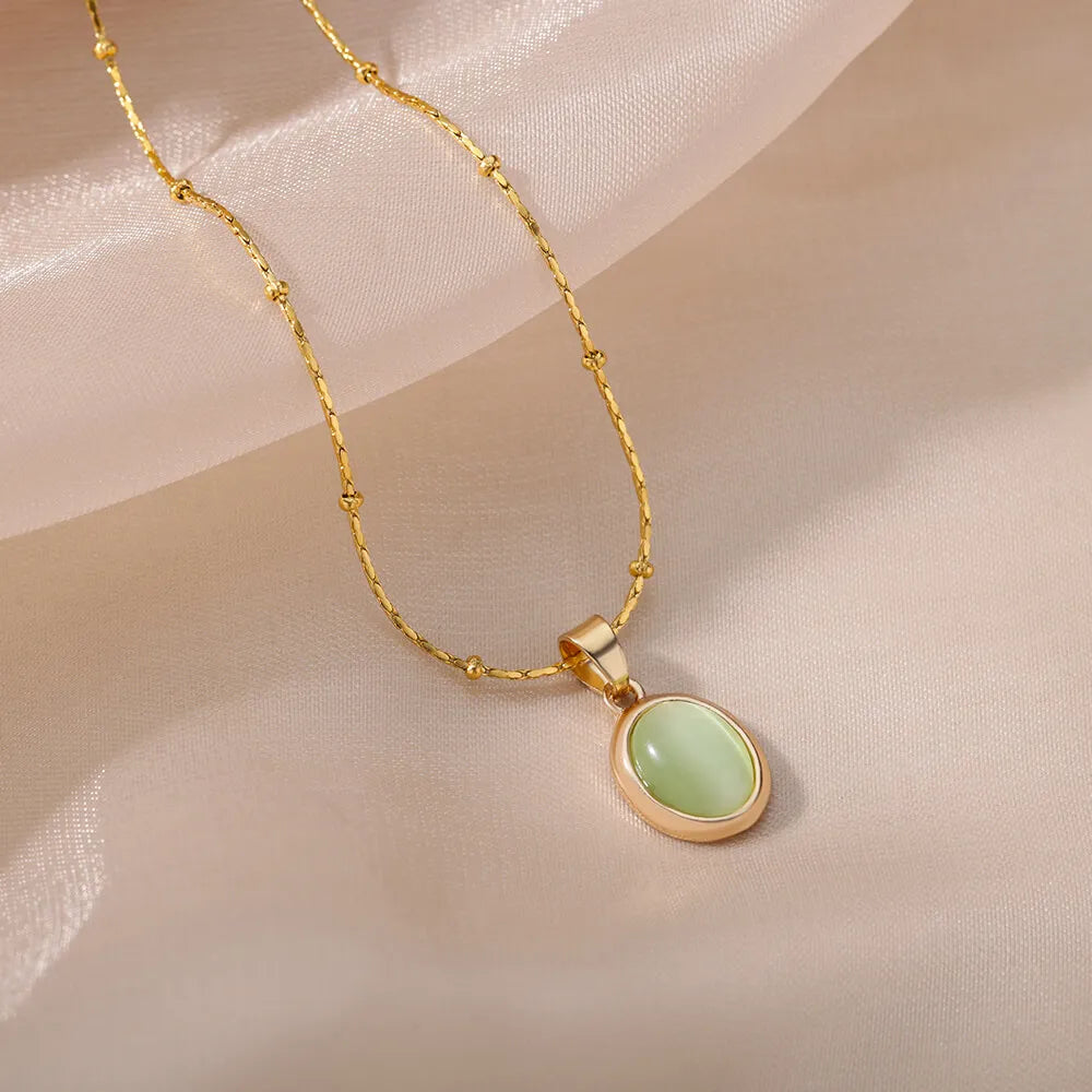Kpop Stainless Steel Necklace for Women Transparent Moonlight Stone Ellipse Pendant Thin Chain Vintage Jewelry Gift New In - Uknowucme