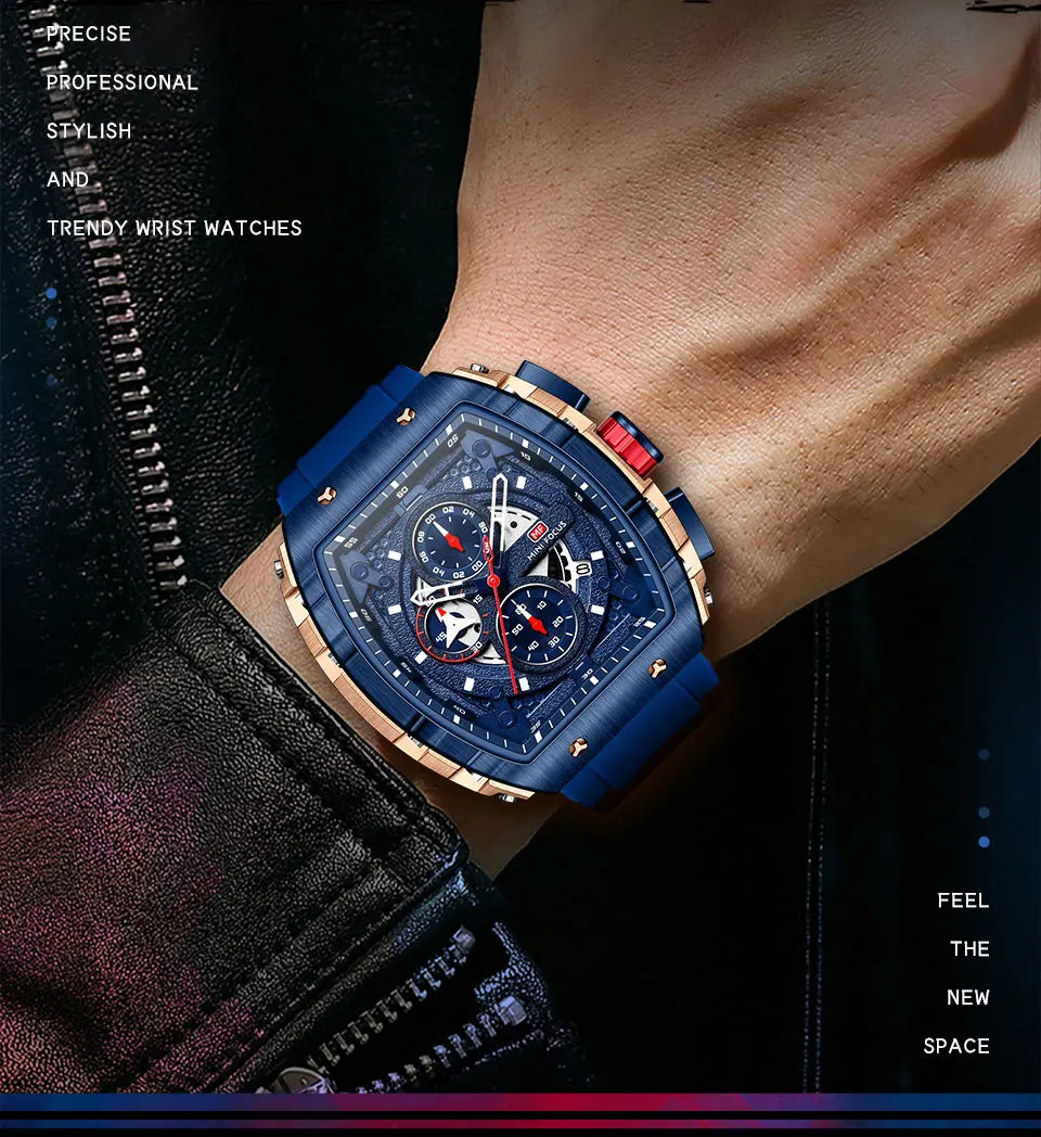 MINI FOCUS Chronograph Quartz Watch for Men Tonneau Dial Military Sport Wristwatch with Orange Silicone Strap Auto Date 0399 - Uknowucme
