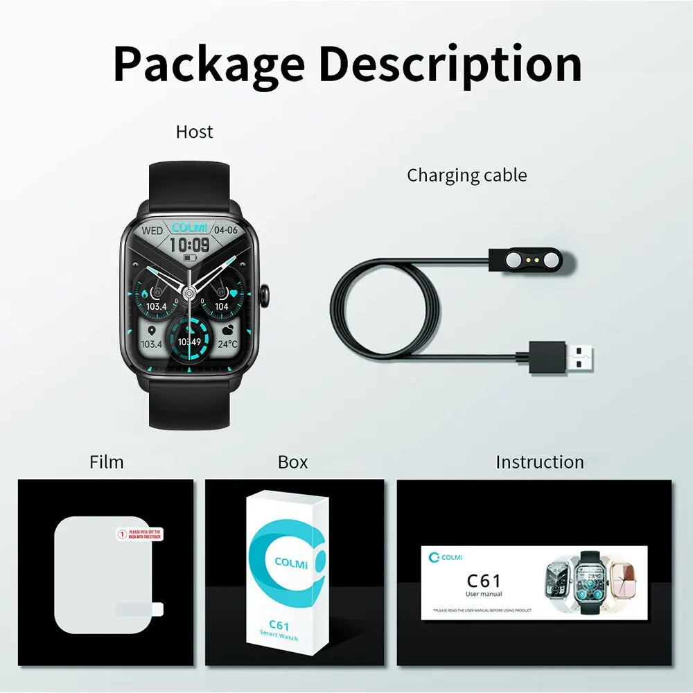 COLMI C61 Smartwatch 1.9 Inch Full Screen Bluetooth Calling Heart Rate Sleep Monitor 100 Sport Models Smart Watch For Men Women - Uknowucme