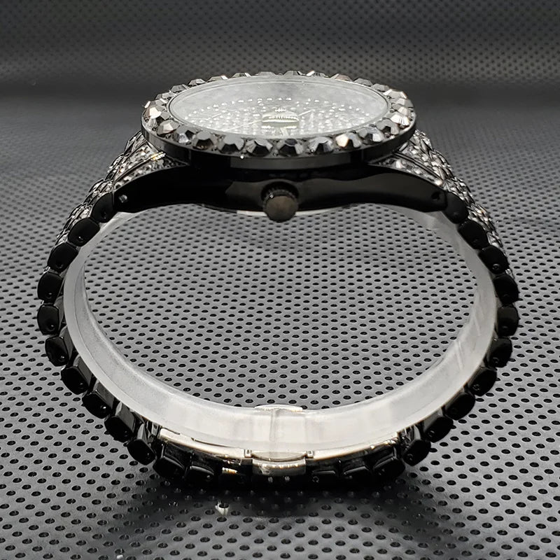 Stylish Black Crytal Watch For Men Unique Full Paved Diamond Quartz Timepiece Top Brand Fashion Bling Ice Out Male Hip Hop Clock - Uknowucme