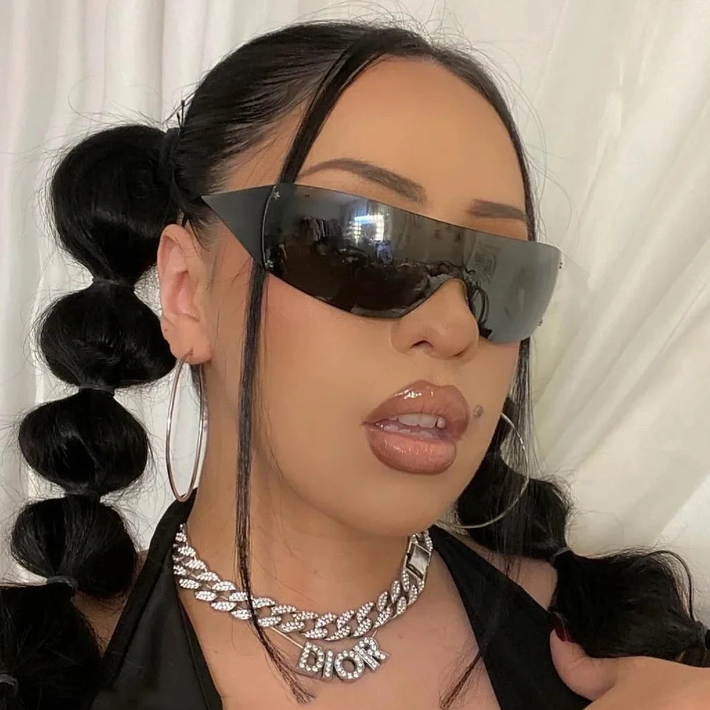 Y2K Rimless Brand Designer Sunglasses Women For Men 2023 One Piece Trending Luxury Sun Glasses Rivet Steampunk Pink Shades UV400 - Uknowucme