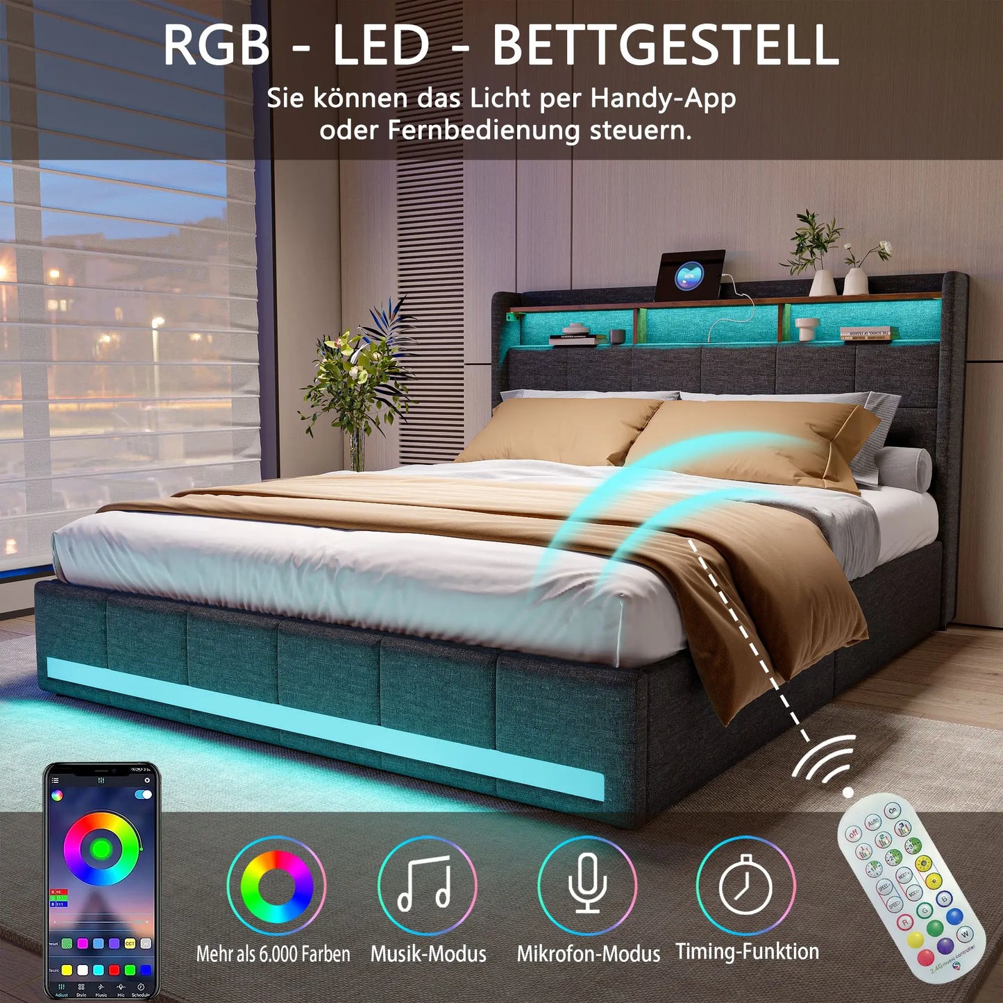 Creahappy Twin Bed Frame - Upholstered bed in grey - With USB charging port - With LED lighting - Storage drawers on both sides - Uknowucme